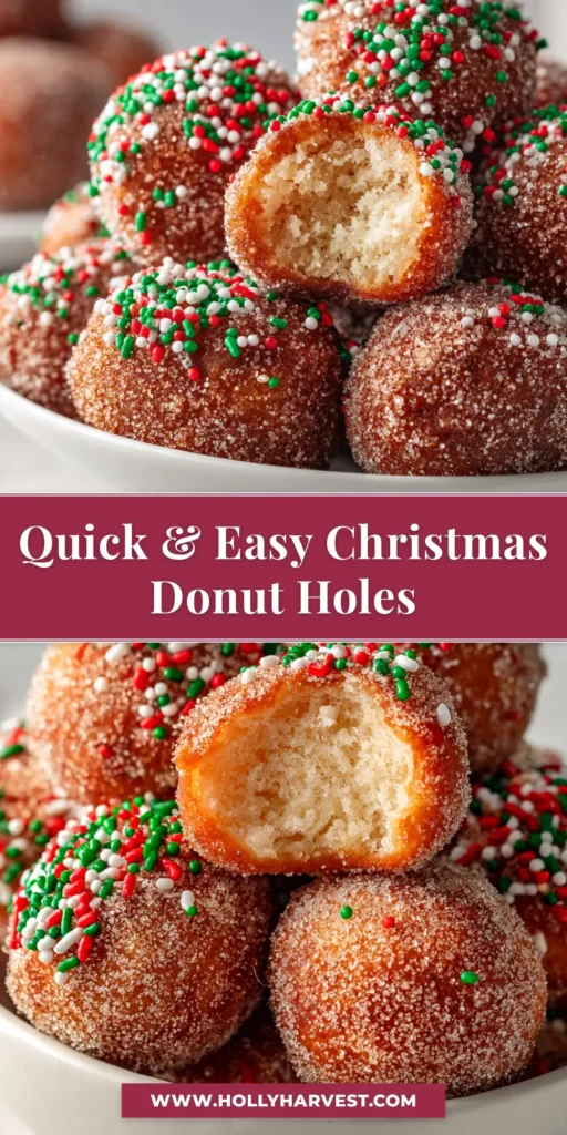 A festive plate of Air Fryer Christmas Donut Holes coated in cinnamon sugar and decorated with red and green sprinkles, ready for a holiday treat.