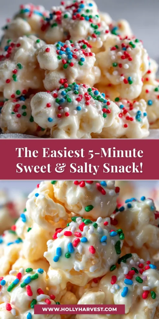 A bowl of Almond Bark Puffcorn with festive red and green sprinkles, perfect for a Christmas holiday party treat. The sweet and salty snack is ready to be served.