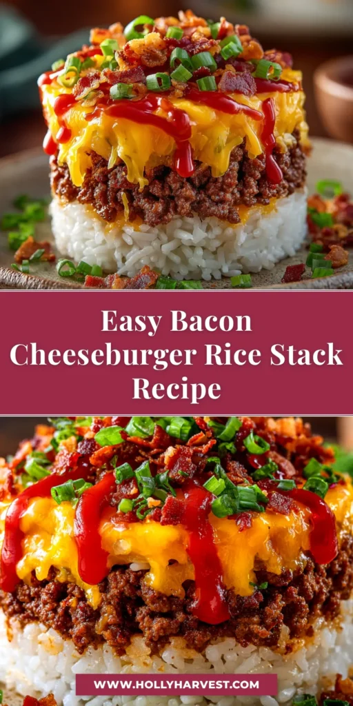 A delicious Bacon Cheeseburger Rice Stack served in a white bowl, topped with crispy bacon, melted cheese, and pickles. A perfect family dinner recipe.