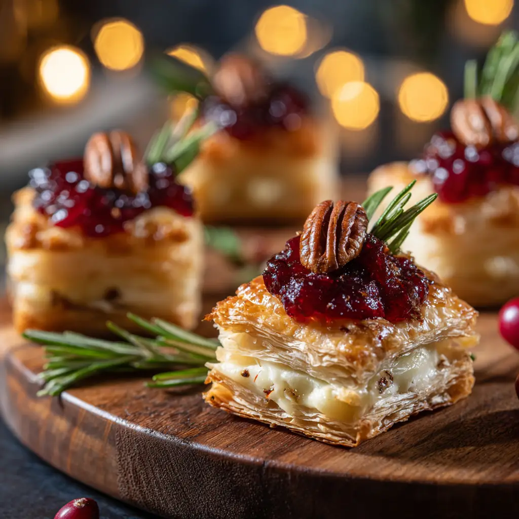 A tray of freshly baked cranberry brie bites ready to be served as a delicious holiday appetizer.