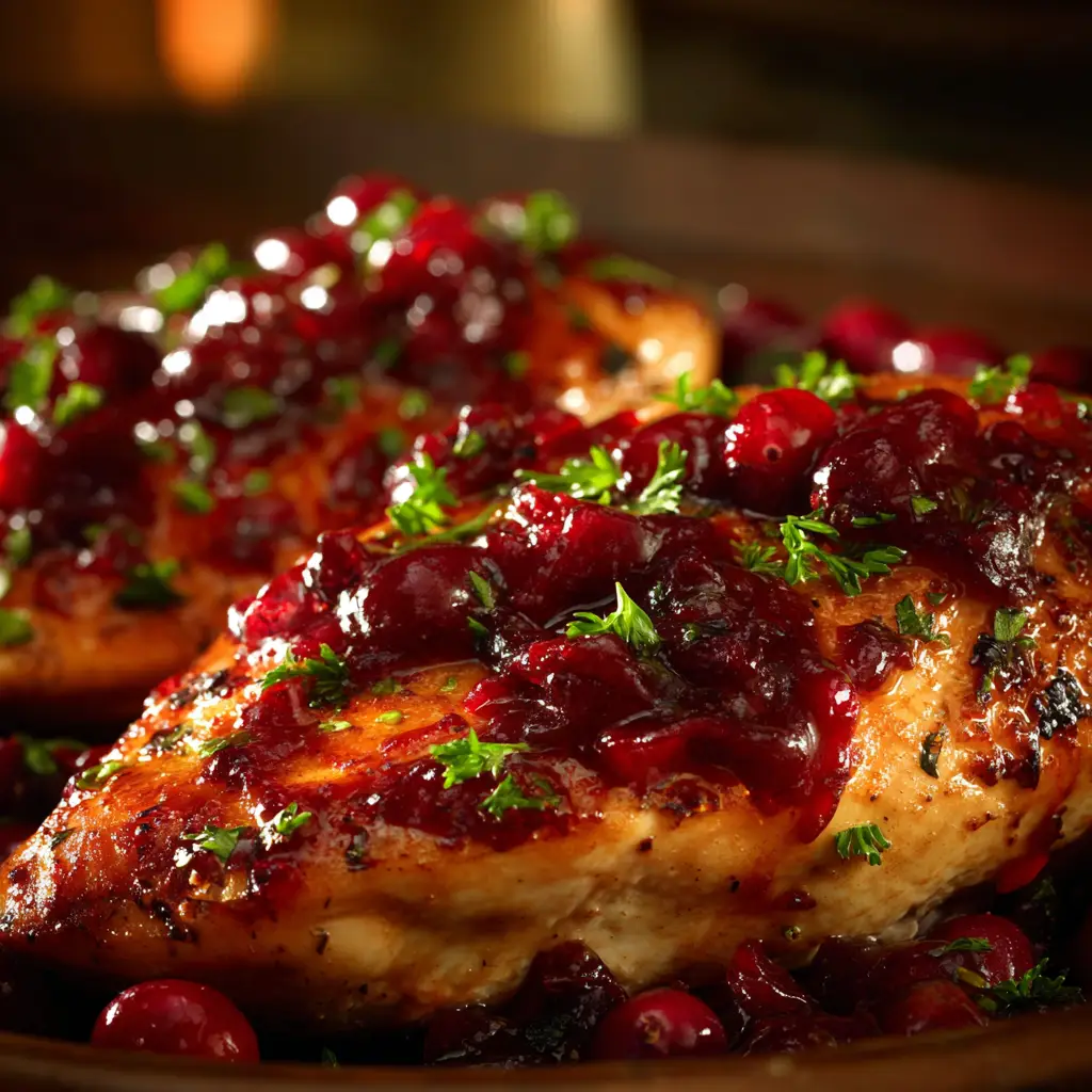 Cranberry orange chicken being basted with glaze in an oven-safe skillet before being baked for a festive holiday dinner.