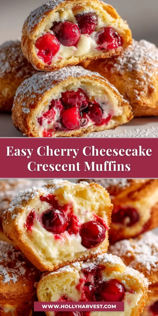 Cherry Cheesecake Crescent Muffins: The Easiest 4-Ingredient Treat! 3 A platter of golden-brown Cherry Cheesecake Crescent Muffins, with a creamy white filling and a vibrant red cherry topping, ready to be served.