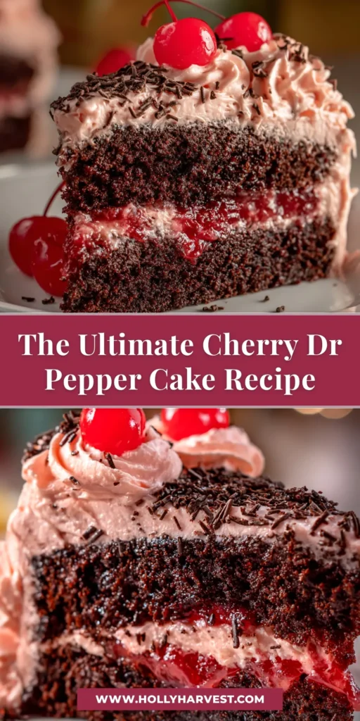 A beautiful overhead shot of a finished Cherry Dr Pepper Cake on a serving platter, drizzled with a shiny cherry glaze and garnished with fresh cherries. The perfect pin to showcase this easy and delicious recipe.