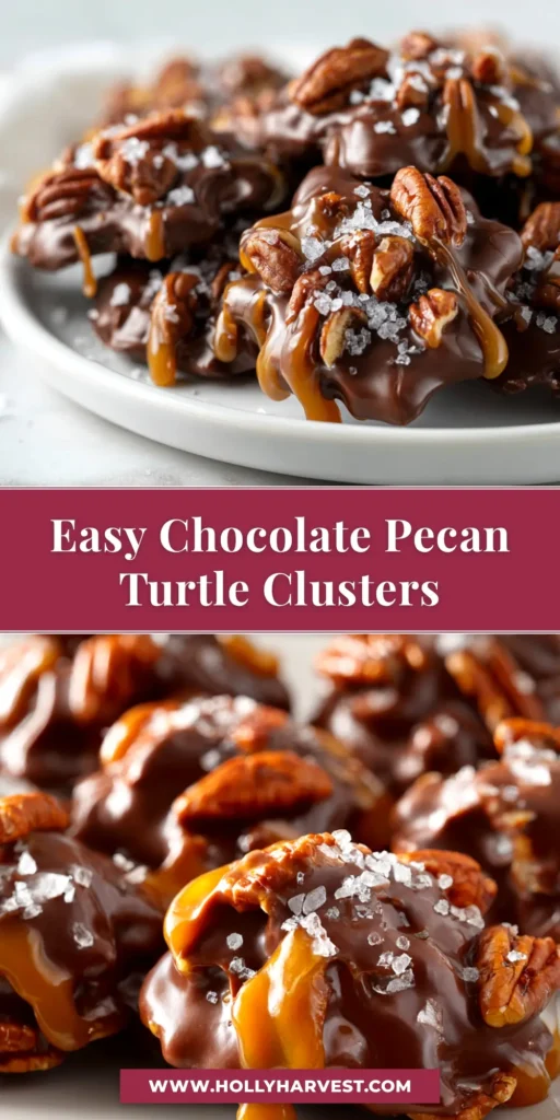 A close-up shot of homemade Chocolate Pecan Turtle Clusters on a white plate, showing the layers of pecans, caramel, and chocolate.