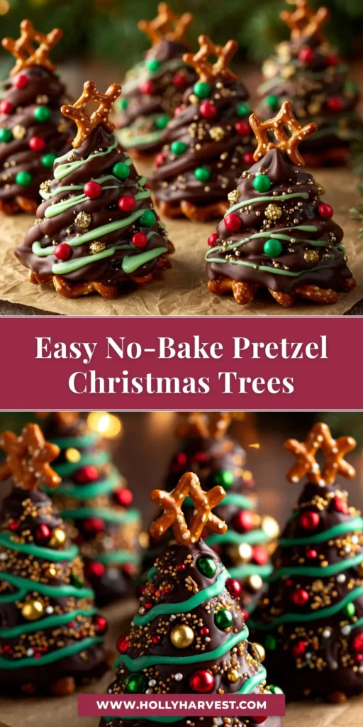An overhead shot of festive Chocolate Pretzel Christmas Trees decorated with colorful sprinkles on a white surface. An easy no-bake holiday treat.