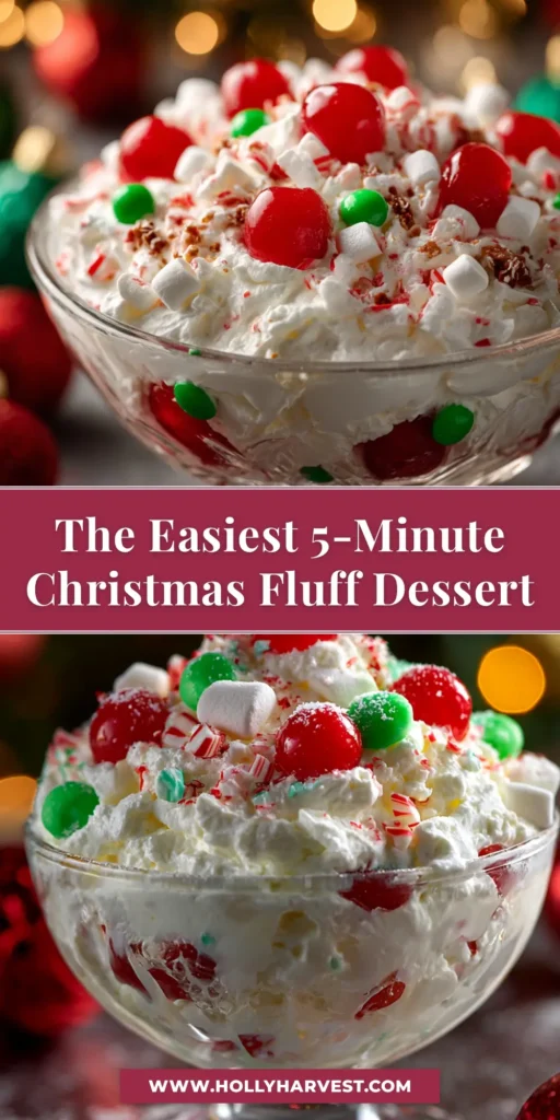 Christmas Fluff Recipe (The Easiest Holiday Dessert!) 3 A large glass bowl filled with a festive Christmas Fluff recipe. The green pistachio fluff is studded with red cherries, white marshmallows, and nuts, ready to be served as a no-bake holiday dessert.