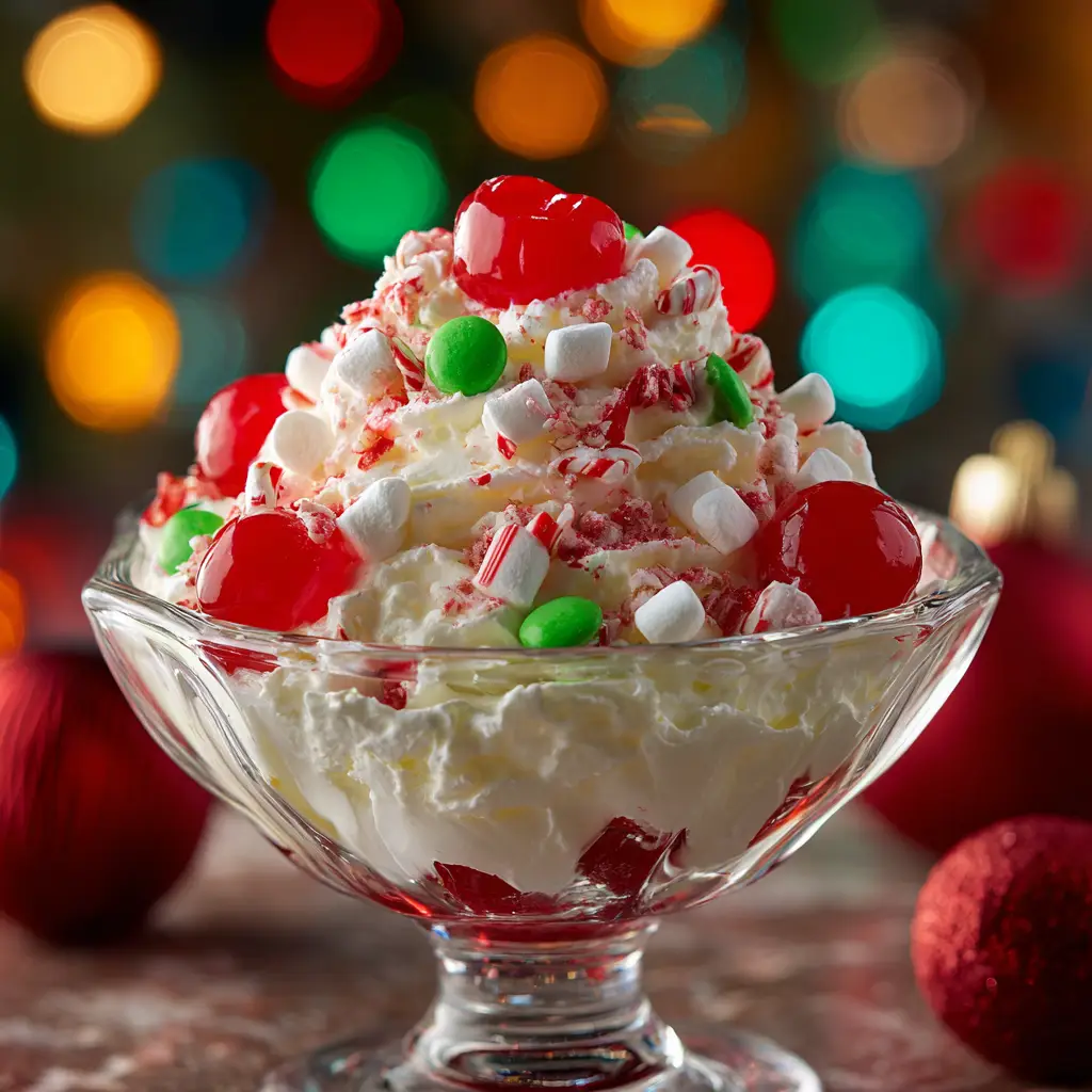 Christmas Fluff Recipe (The Easiest Holiday Dessert!) 2 An extreme close-up shot of the Christmas fluff salad, showing the creamy texture of the whipped topping mixed with marshmallows, cherries, and pineapple.