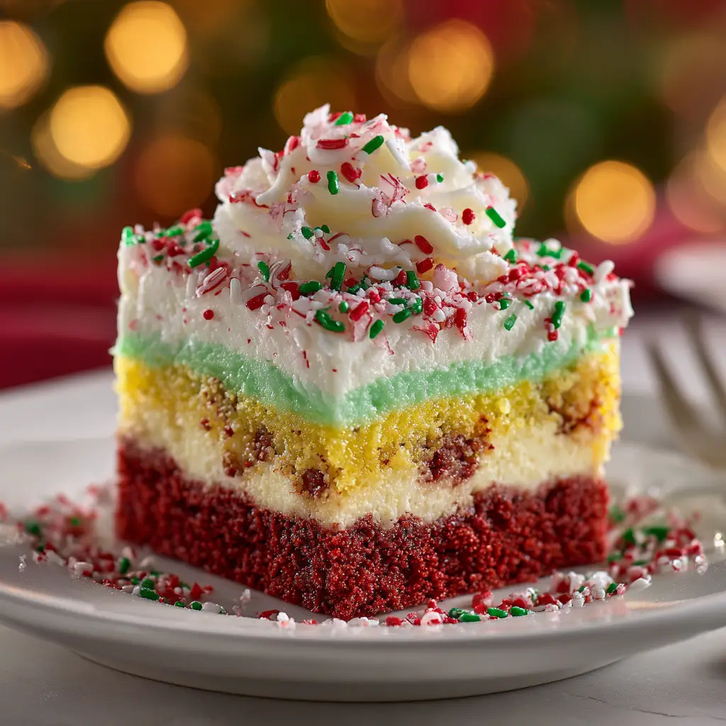 A 9x13 inch pan of the Christmas red velvet poke cake, showing the cream cheese frosting and festive holiday sprinkles on top.