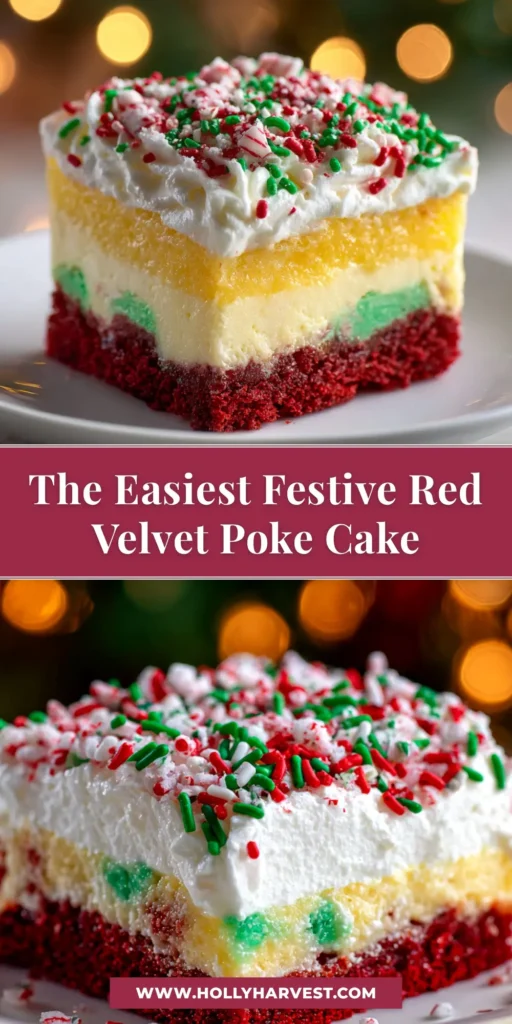 A festive Christmas Red Velvet Poke Cake on a white serving platter, decorated with red and green sprinkles. The rich red cake is topped with white cream cheese frosting.