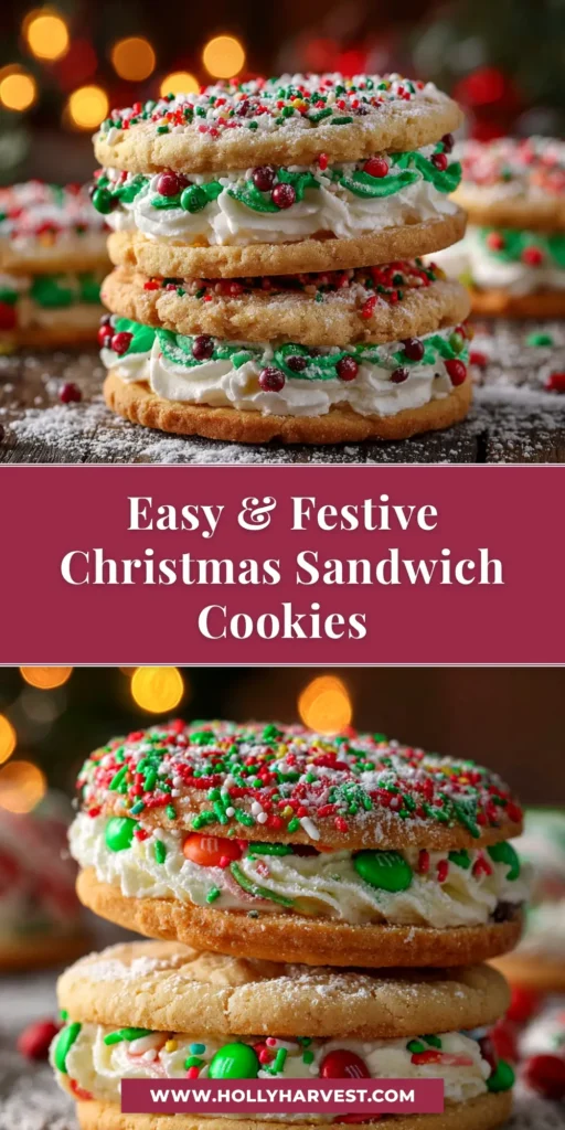 A festive stack of Christmas sandwich cookies with creamy white filling and red and green sprinkles. The perfect holiday baking recipe.