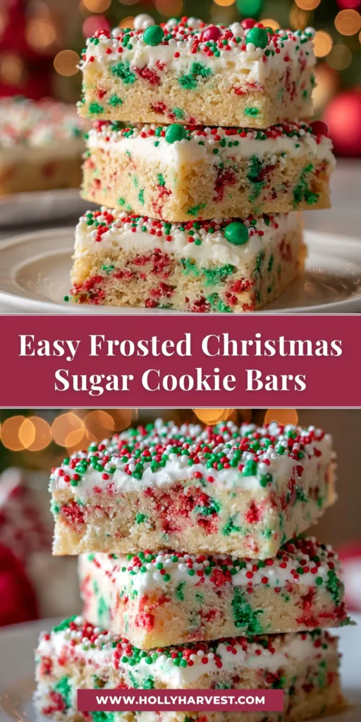 Christmas Sugar Cookie Bars (Easy & Soft Recipe) 3 A pan of festive Christmas sugar cookie bars with white frosting and red and green sprinkles, with one bar cut out.