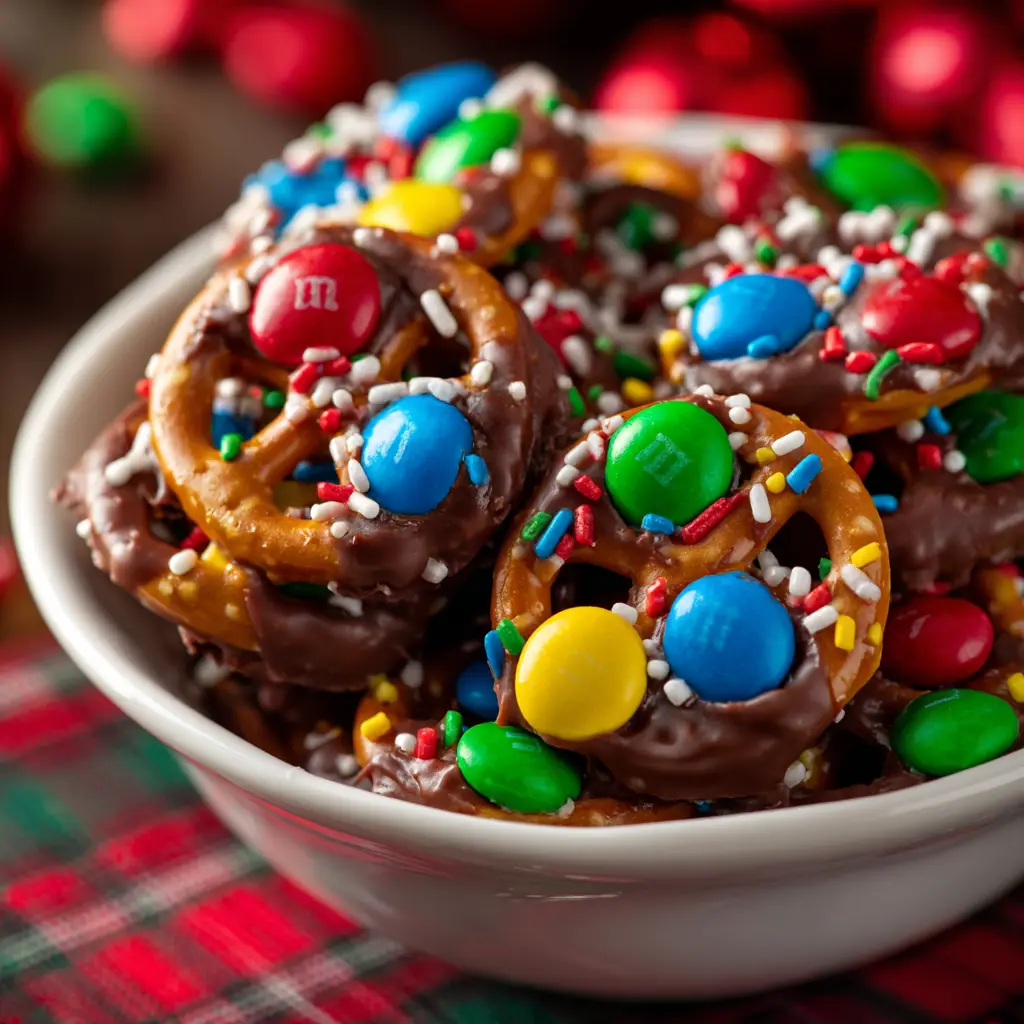 A pile of Rolo pretzel turtles made with pecans, ready to be served. A classic sweet and salty snack.