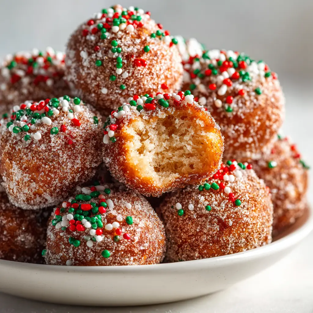 A pile of freshly made donut bites being tossed in a bowl of cinnamon sugar, showcasing a key step in the recipe process.