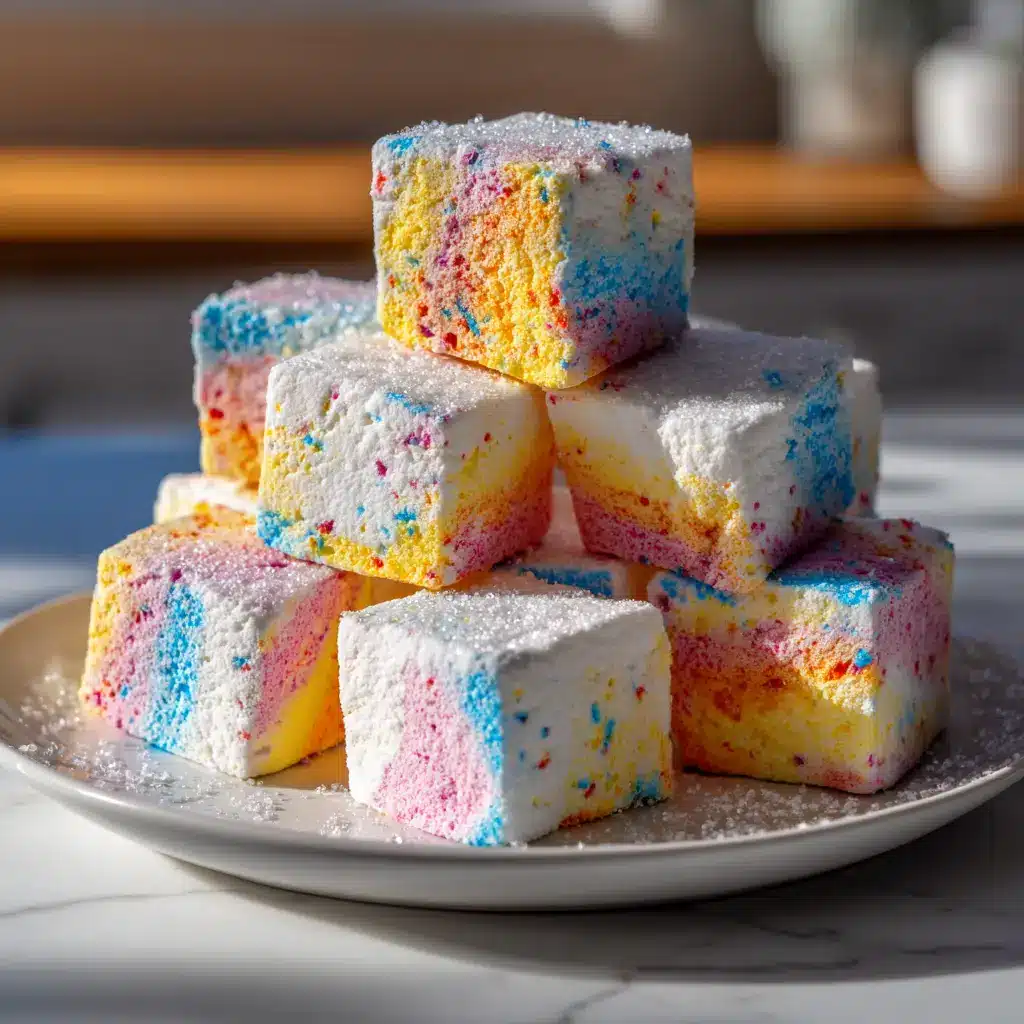 A pile of brightly colored homemade Kool-Aid marshmallows in pink, blue, and yellow, showcasing their fluffy texture.