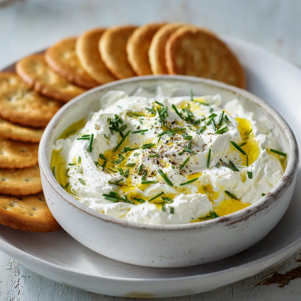A rustic white bowl of copycat Boursin cheese spread, showing its creamy texture and fresh herb specks.