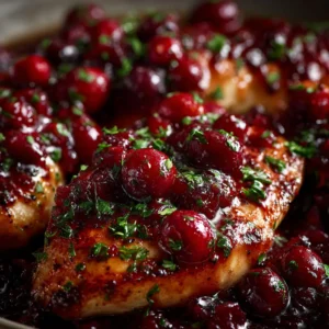 A close-up view of a single piece of cranberry orange glazed chicken, showing the crispy skin and thick, vibrant glaze with orange zest.