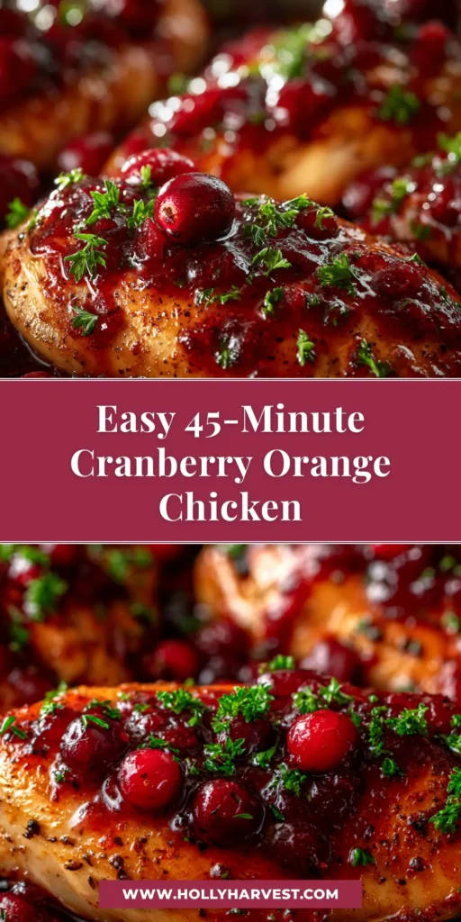 A beautiful platter of Cranberry Orange Glazed Chicken, garnished with fresh cranberries and orange slices. The chicken has crispy, golden-brown skin and a vibrant red glaze.