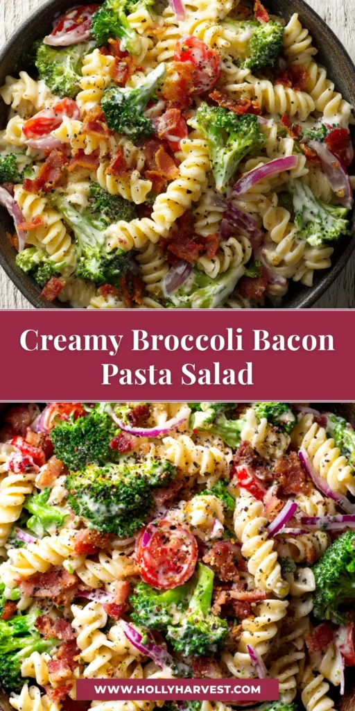 A large white bowl filled with creamy broccoli pasta salad with bacon and cheese, shown from an overhead angle, ready to be pinned.