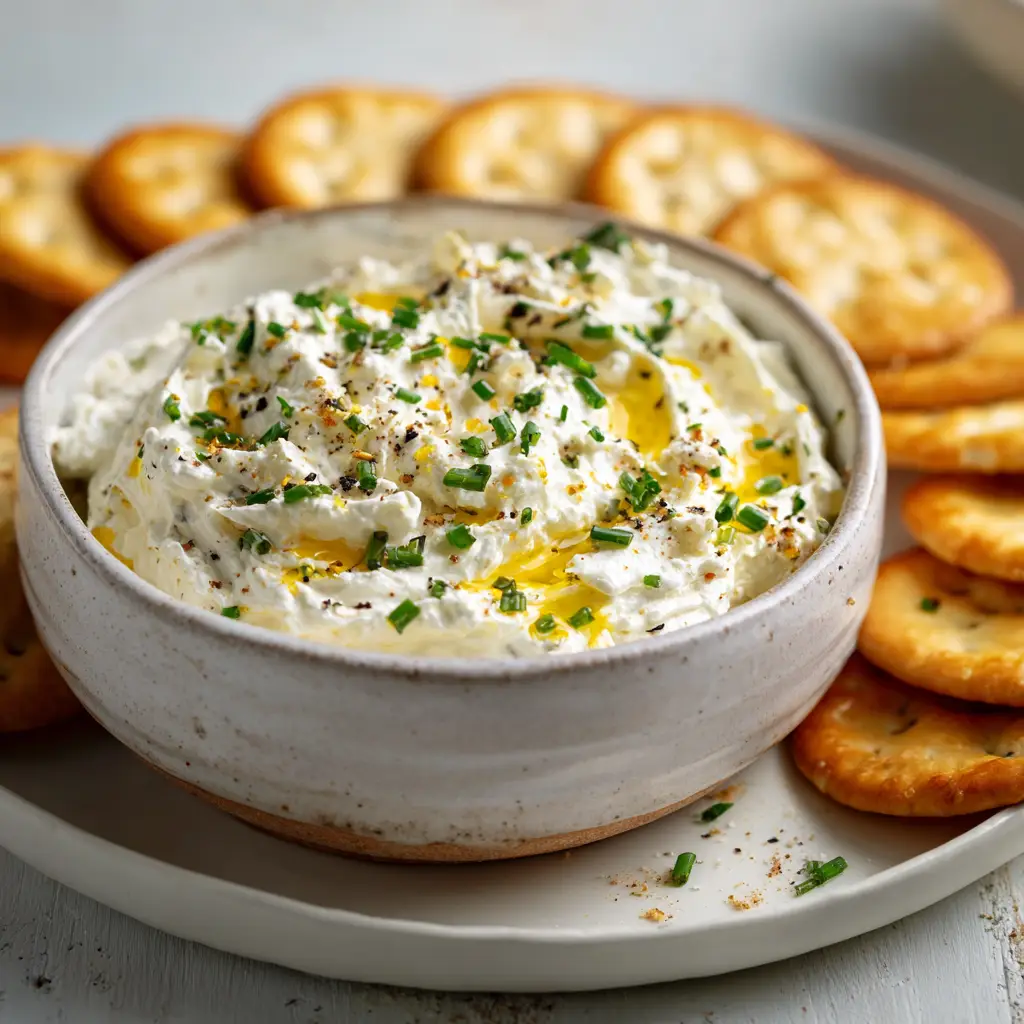 Homemade Boursin Cheese (The Easiest, Creamiest Recipe!) 1 A person spreading homemade garlic and herb cheese on a cracker, demonstrating the perfect creamy consistency.