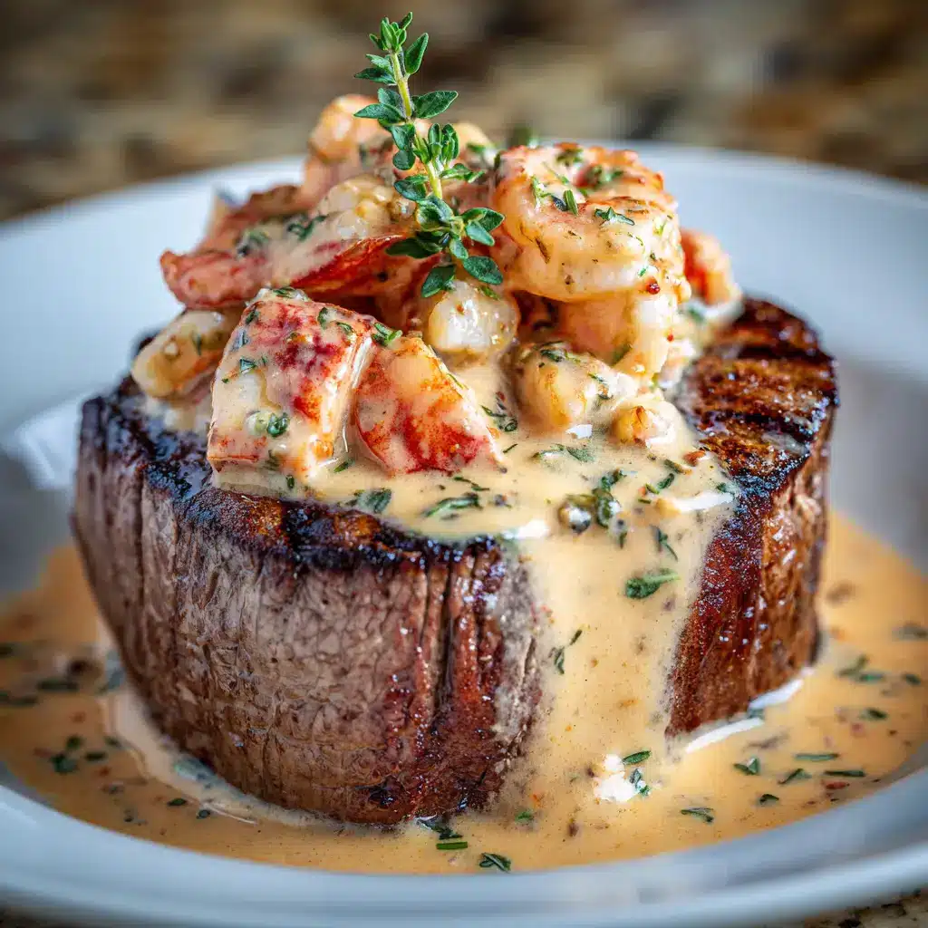 A close-up of the creamy lobster sauce being spooned over a rested filet mignon steak, with visible chunks of lobster meat and fresh herbs.