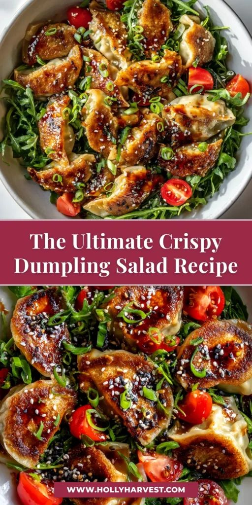 Crispy Dumpling Salad (The Easiest, Tastiest Recipe!) 4 An overhead shot of a vibrant Crispy Dumpling Salad in a large white bowl, showcasing golden-brown potstickers mixed with fresh greens, shredded carrots, and cucumber, drizzled with a savory dressing.