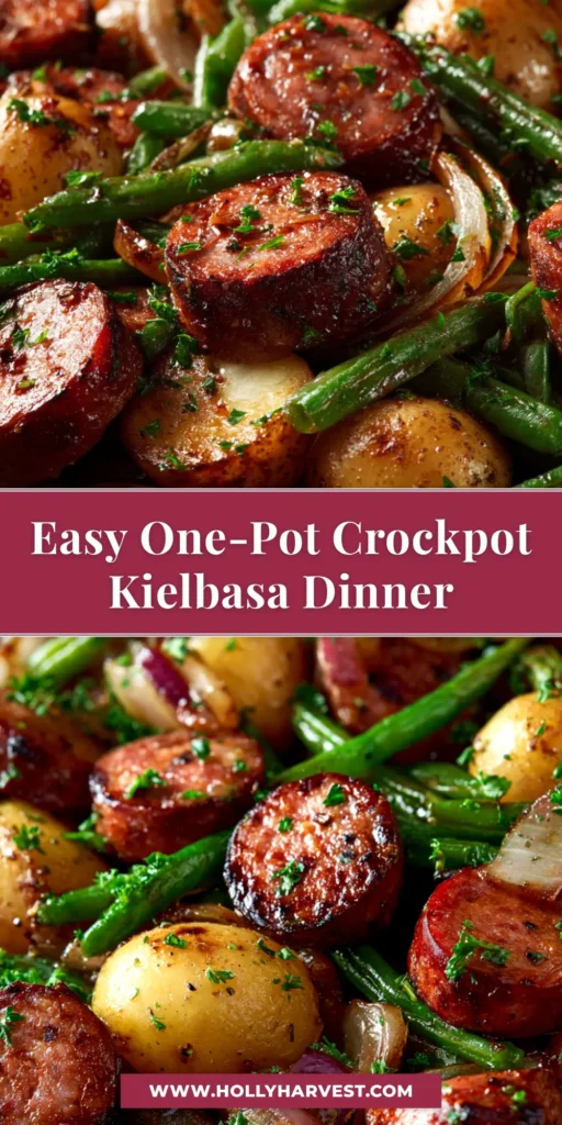 Crockpot Kielbasa Potatoes: The Easiest, Most Flavorful One-Pot Meal 3 A top-down view of a serving bowl filled with Crockpot Kielbasa Potatoes, showing slices of sausage, chunks of potato, and bell peppers in a savory sauce.
