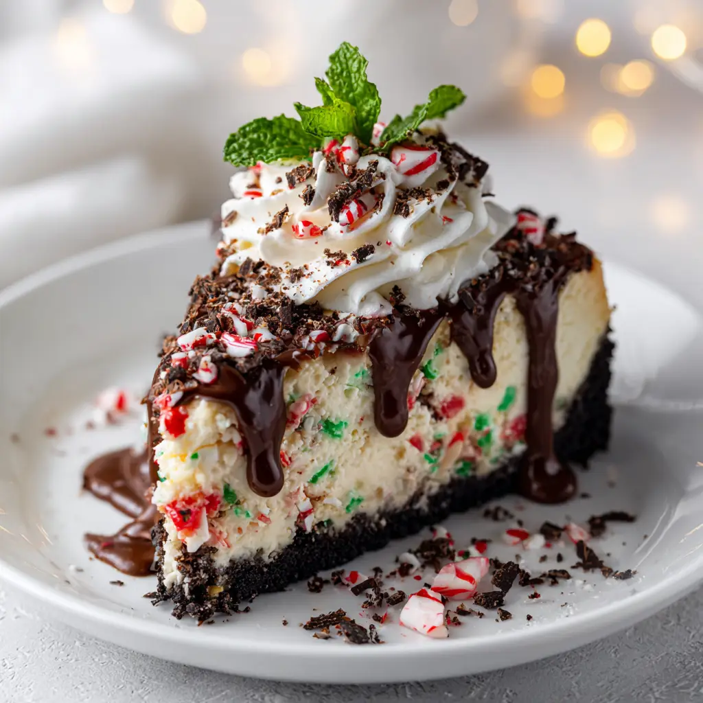 The full no-bake peppermint cheesecake in a springform pan, decorated with swirls of whipped cream and a sprinkle of crushed candy canes for a festive touch.