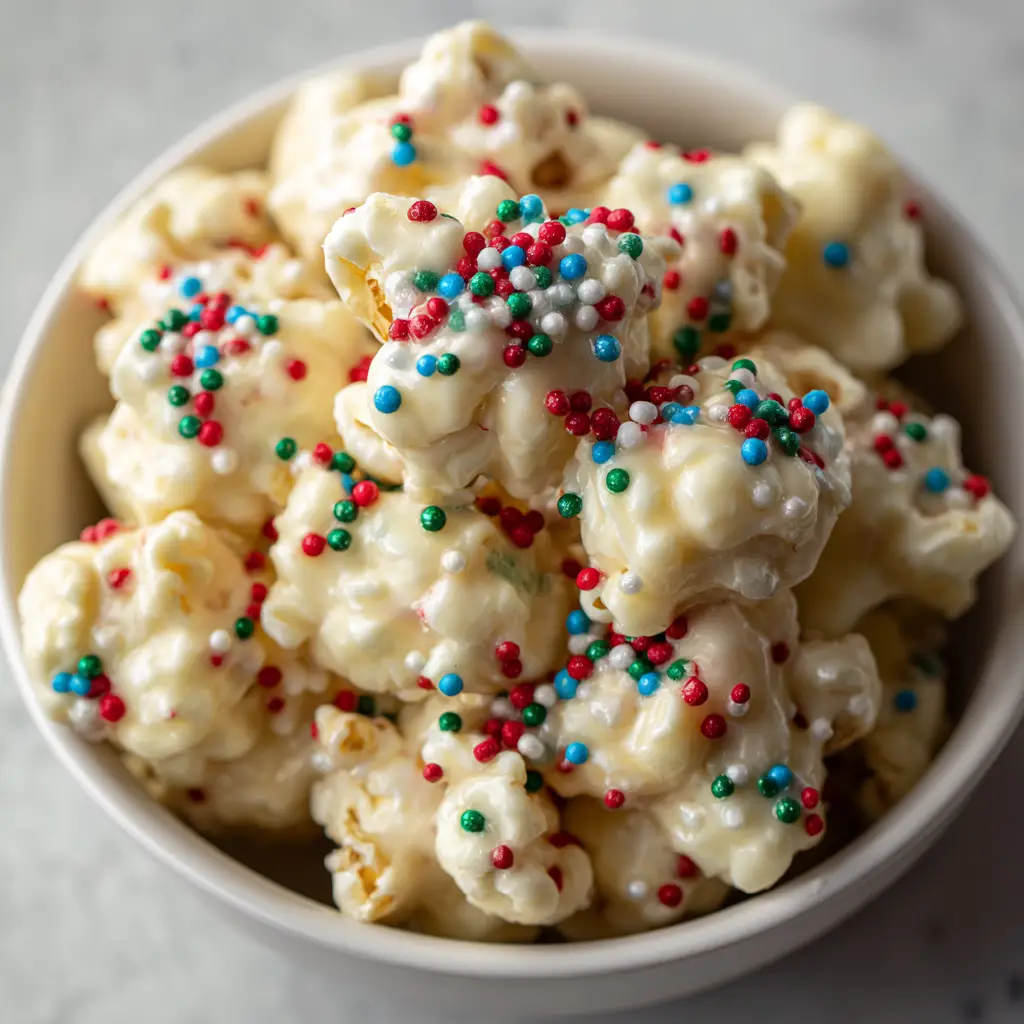 A close-up macro shot of a pile of finished Almond Bark Puffcorn, showing the light and airy texture of the corn puffs covered in a sweet white coating.