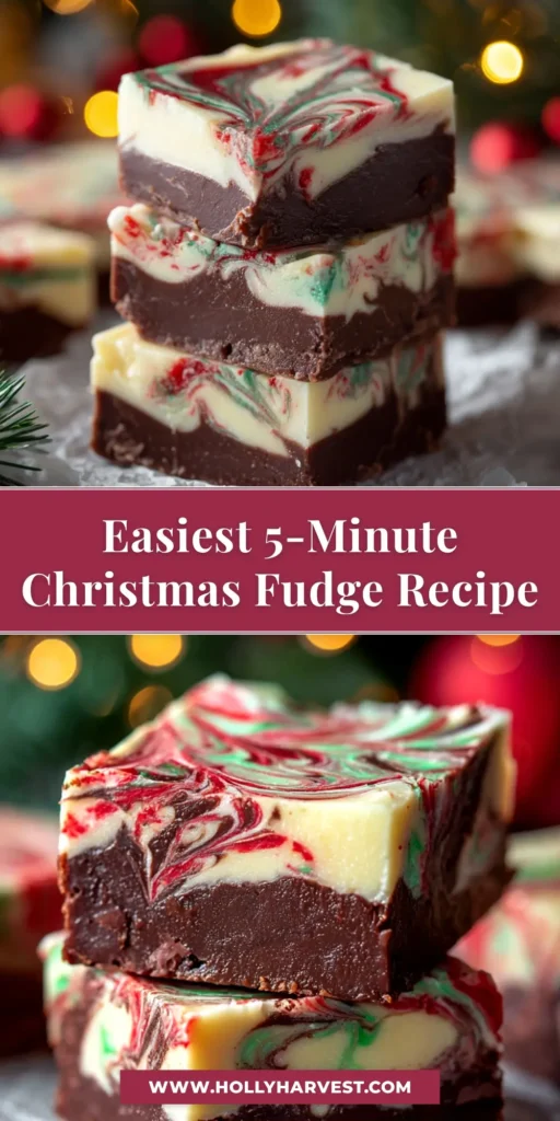 A close-up shot of perfectly cut squares of creamy chocolate fudge, made with an easy Christmas fudge recipe. The fudge is arranged on a festive plate, ready to be served.
