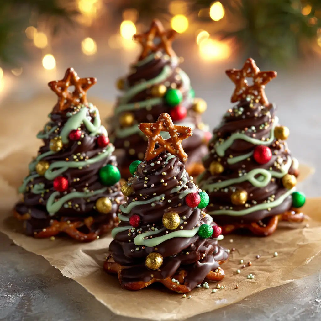 A group of finished chocolate pretzel Christmas trees arranged on a platter, ready to be served at a holiday party.