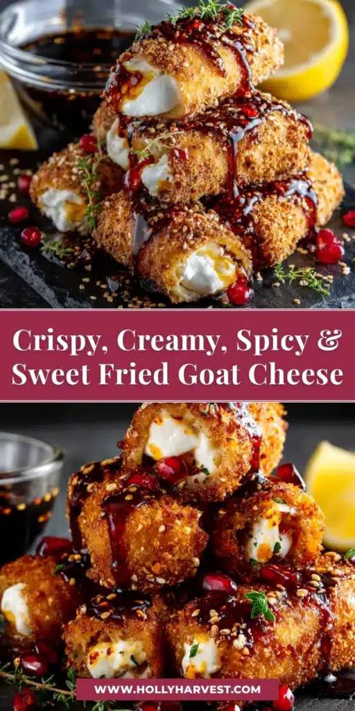 A stack of perfectly golden-brown fried goat cheese balls on a white plate, drizzled with honey and garnished with fresh thyme. The ultimate crispy and creamy appetizer.