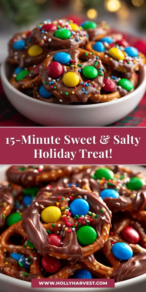 A close-up of finished Rolo Pretzels topped with pecans and M&Ms, piled on a plate. The perfect easy 3-ingredient Rolo Pretzels recipe.