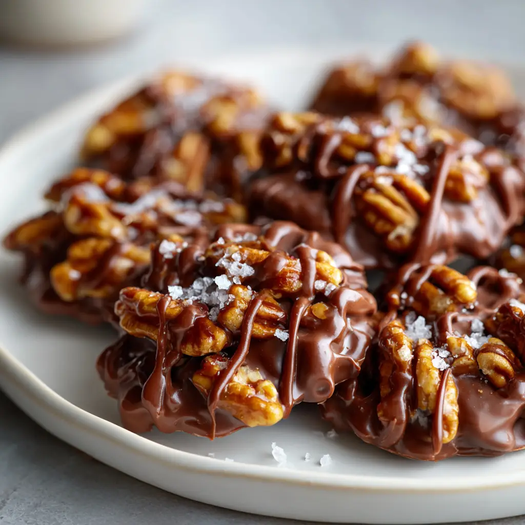 A side view of a single chocolate pecan turtle cluster, showing the texture of the chocolate and the toasted pecans underneath.