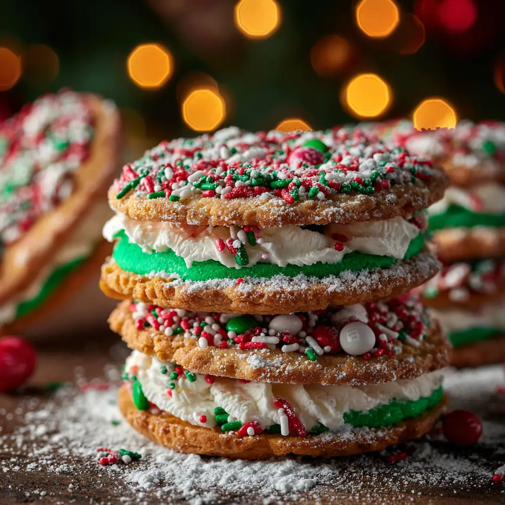 A beautiful platter of filled Christmas cookies ready for a holiday party. The cookies are neatly arranged, highlighting their festive appeal.