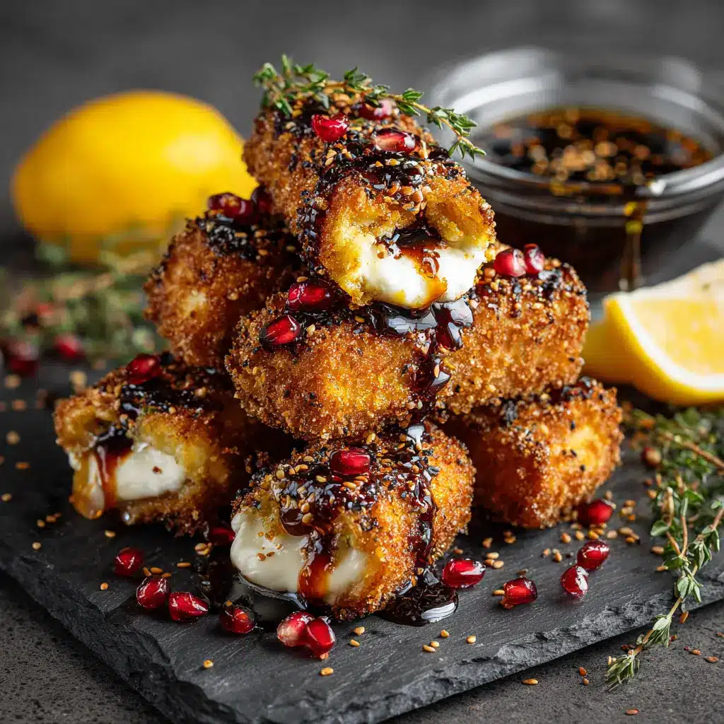 A plate of golden fried goat cheese rounds served alongside a small bowl of marinara dipping sauce and fresh basil.