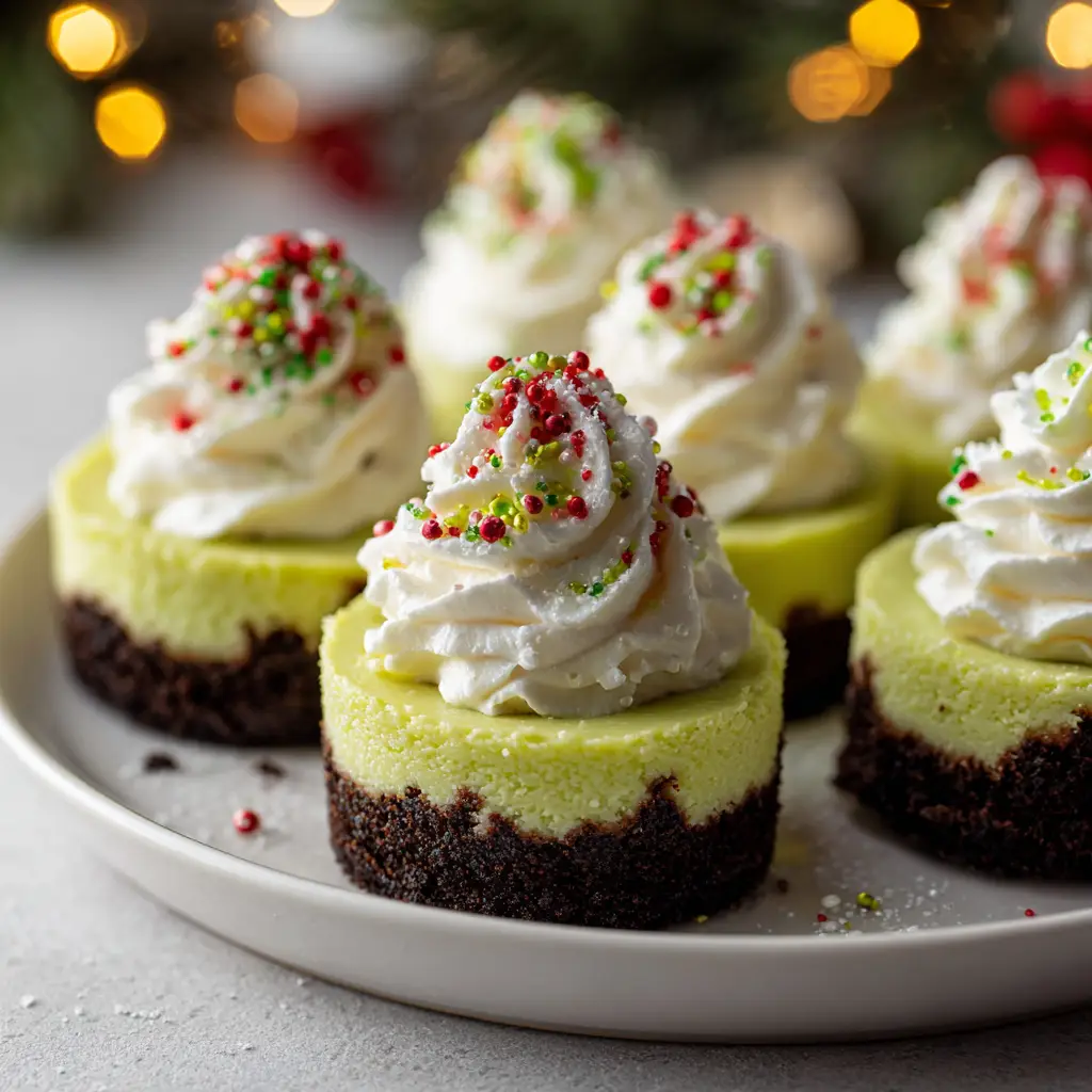 Home 8 A close-up of several Christmas cheesecake bites, showing the creamy green filling and Oreo cookie crust.