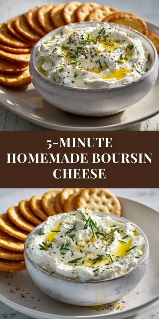 Homemade Boursin Cheese (The Easiest, Creamiest Recipe!) 4 A ceramic bowl filled with creamy homemade Boursin cheese, garnished with fresh herbs and surrounded by crackers. The perfect easy appetizer recipe.