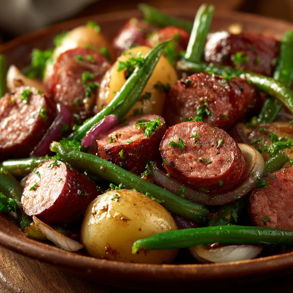 Crockpot Kielbasa Potatoes: The Easiest, Most Flavorful One-Pot Meal 1 A scoop of kielbasa and potatoes on a fork, showing the savory sauce and perfectly cooked vegetables from the crockpot recipe.