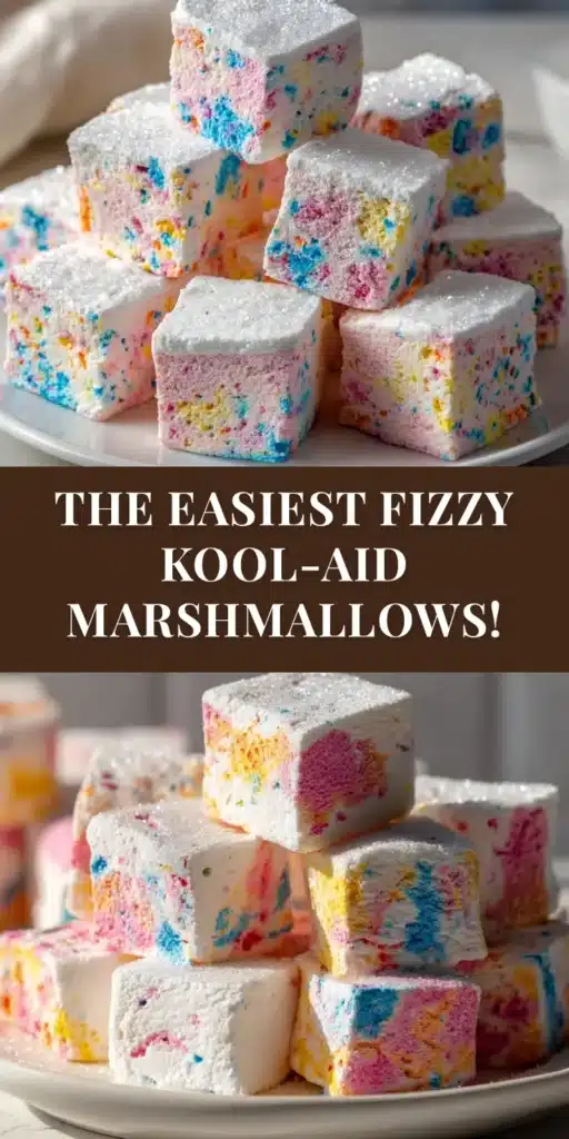 Kool-Aid Marshmallows: The Ultimate Guide to Colorful, Fun, & Flavorful Treats 3 A close-up overhead shot of colorful, square Kool-Aid Marshmallows dusted with powdered sugar and arranged on a white plate. The title text reads 'Easy Kool-Aid Marshmallows Recipe'.