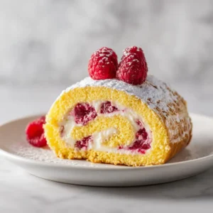 A beautiful overhead shot of the entire lemon raspberry swiss roll on a serving platter, garnished with fresh lemons and raspberries.