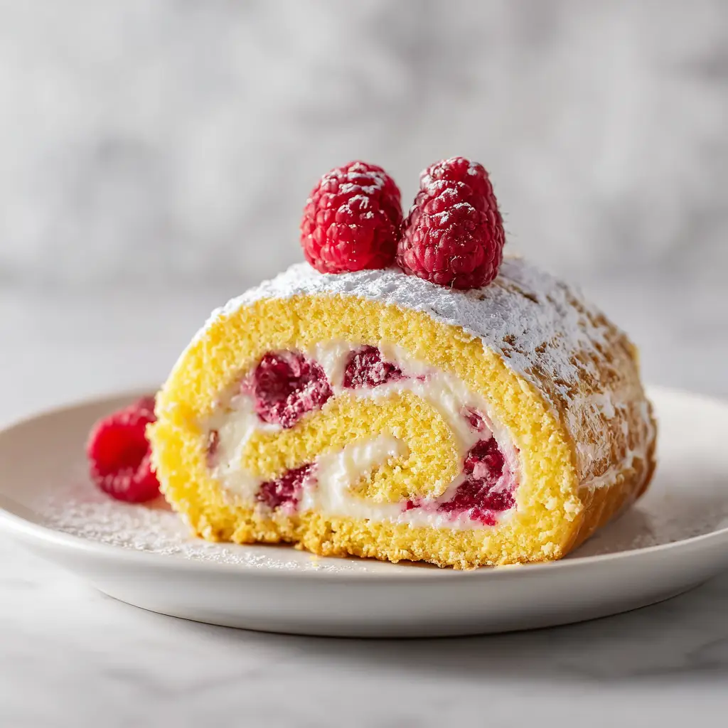 A beautiful overhead shot of the entire lemon raspberry swiss roll on a serving platter, garnished with fresh lemons and raspberries.
