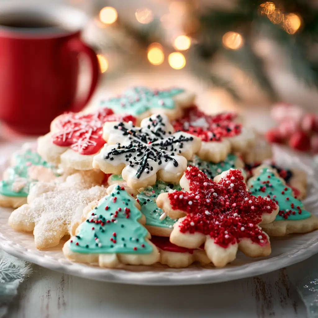 A stack of buttery soft Christmas cookies next to a rolling pin and cookie cutters, showing the baking process. The dough is visible, highlighting its smooth consistency.