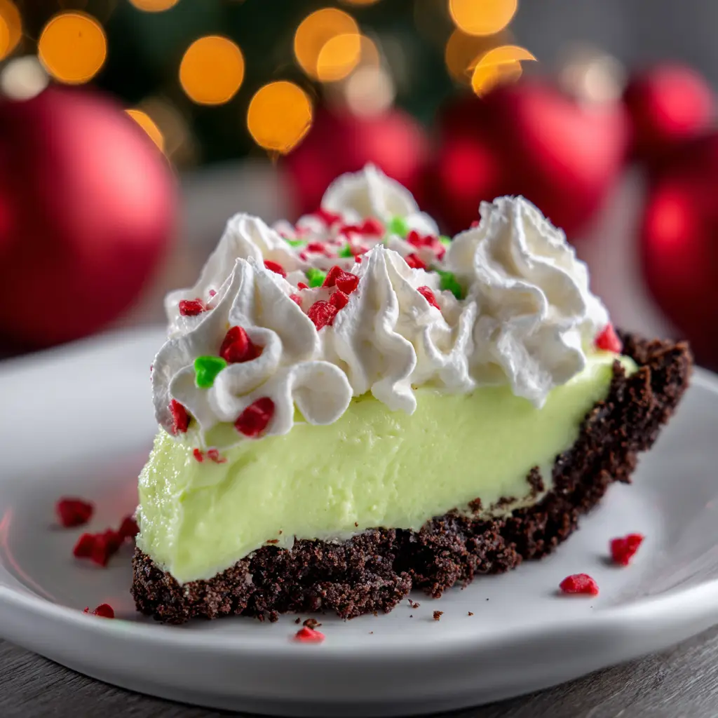 The green Grinch pie filling being spread into the Oreo crust with a spatula, an key step in this easy holiday dessert recipe.