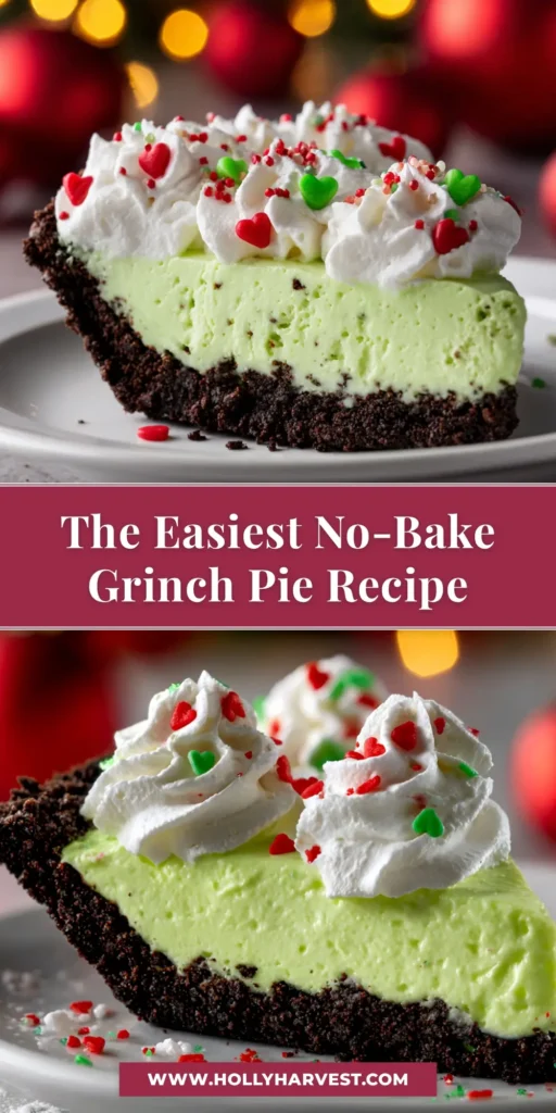 An overhead shot of a full No Bake Grinch Pie with a vibrant green filling and a single red heart in the center, ready to be shared.