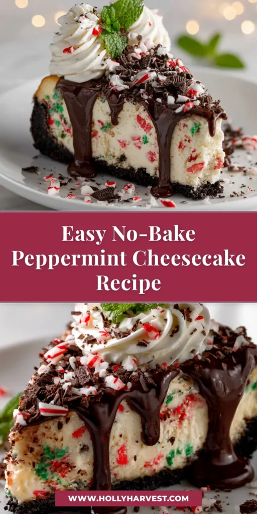 A beautiful slice of No-Bake Peppermint Cheesecake on a plate, topped with whipped cream and crushed candy canes. The perfect easy holiday dessert recipe.