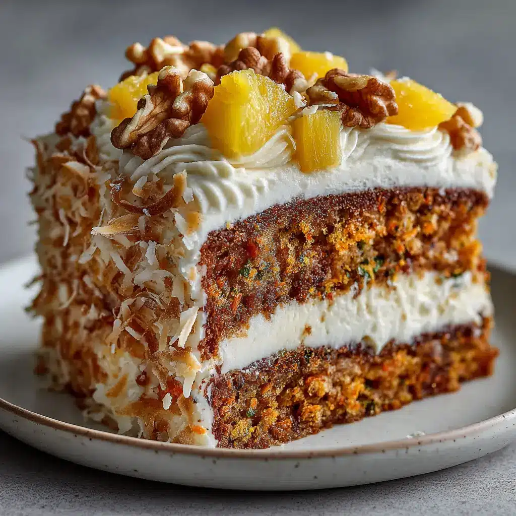 A perfect square slice of pineapple carrot cake shown up close, highlighting the tender crumb with bits of carrot and pineapple.