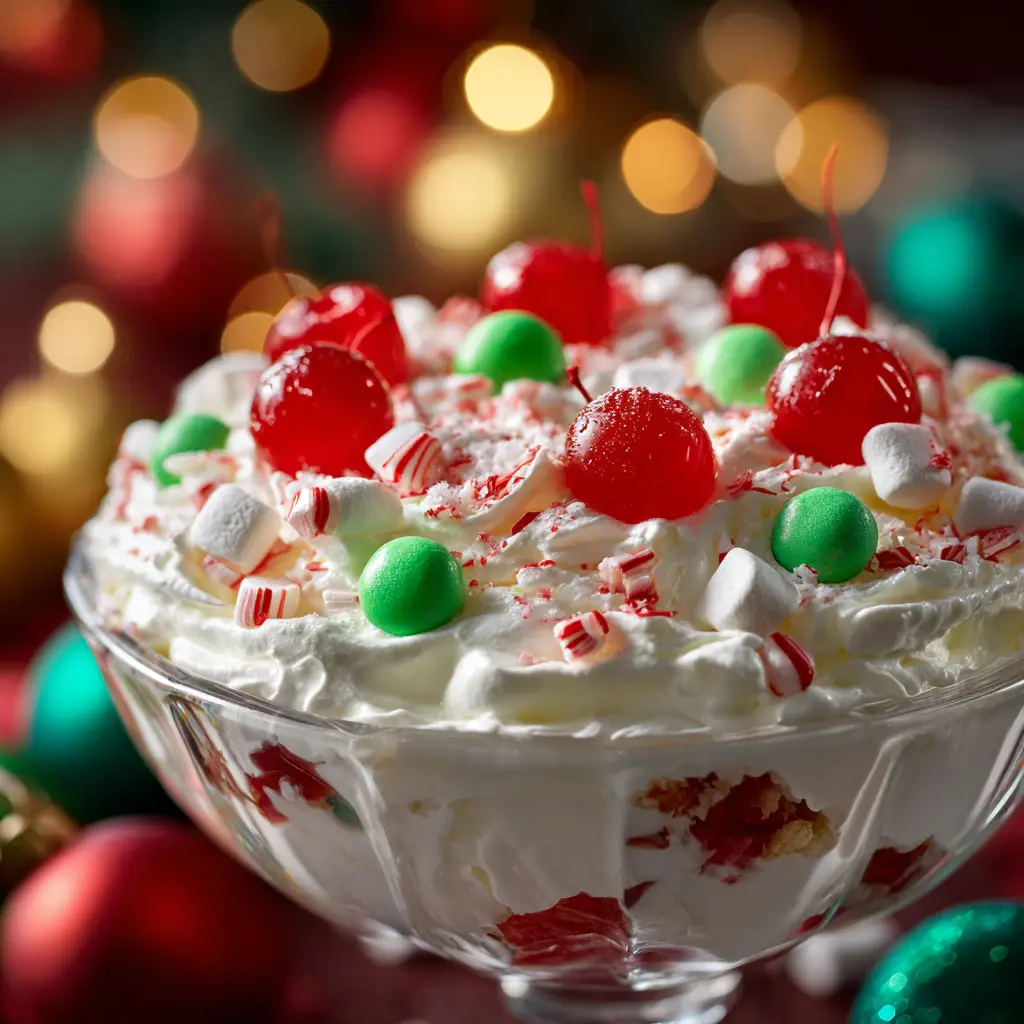 Christmas Fluff Recipe (The Easiest Holiday Dessert!) 1 A spoonful of the finished Christmas Fluff being lifted from a serving bowl, showcasing the mix of ingredients like red cherries and green pistachio pudding.