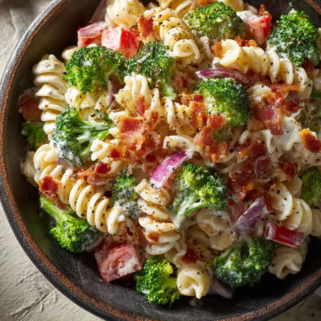 A serving of the broccoli pasta salad on a plate, showcasing the vibrant green broccoli and colorful ingredients.