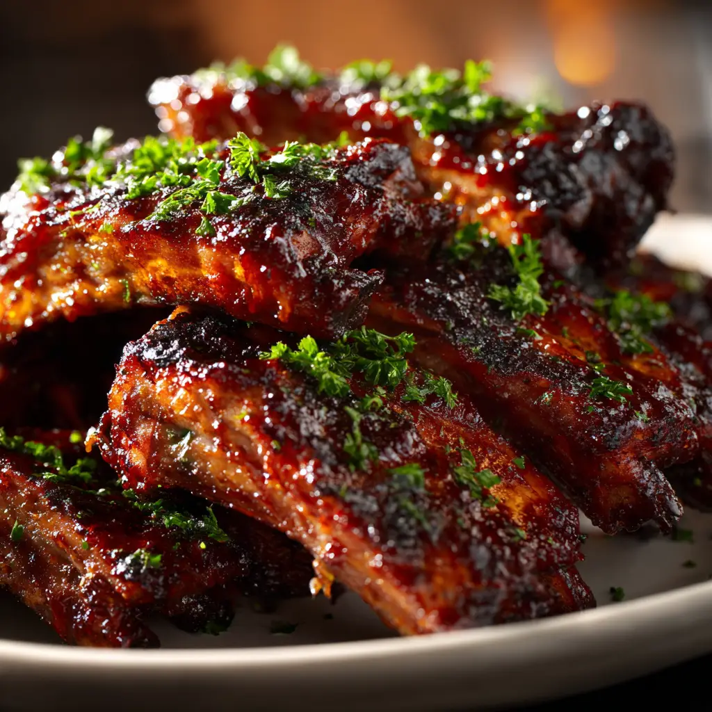 A close-up of tender slow cooker bbq ribs coated in a rich, caramelized sauce after being finished under the broiler.