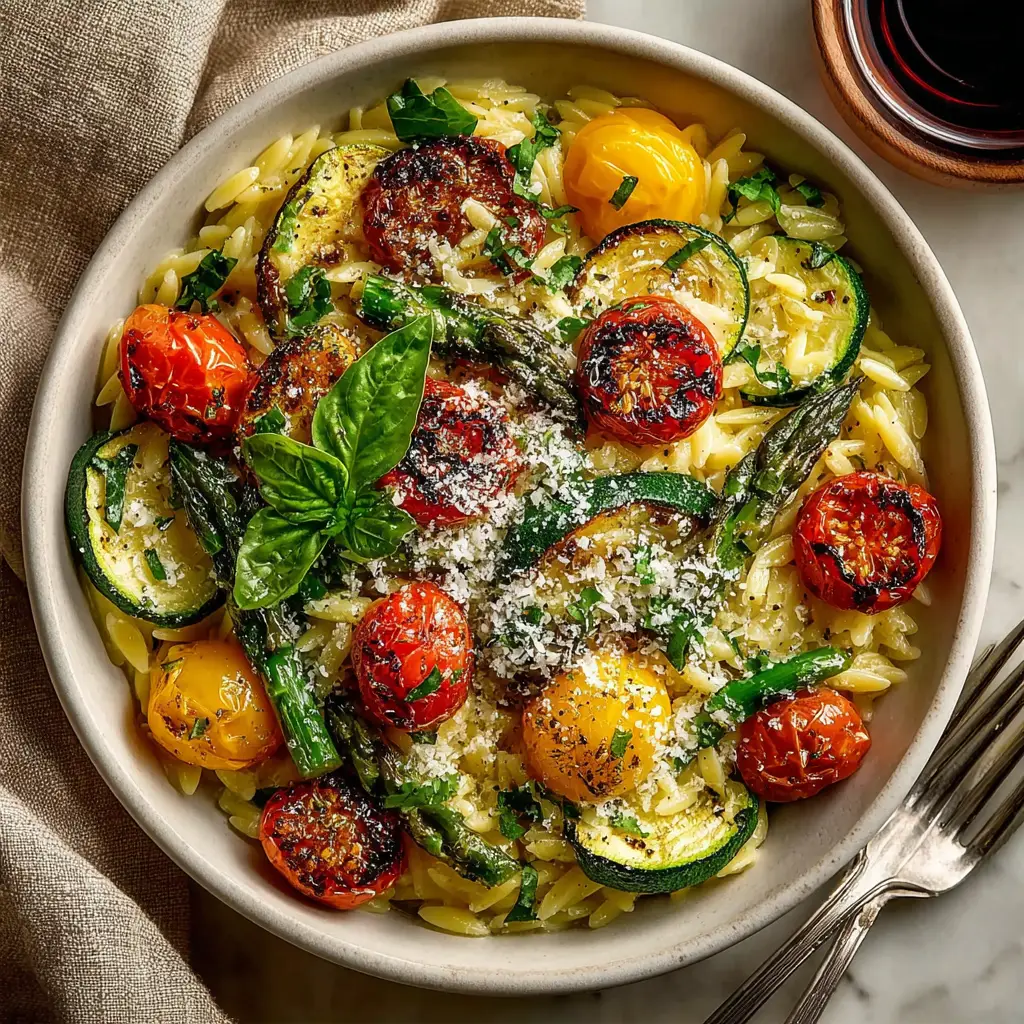 An overhead shot of a large skillet filled with spring vegetable orzo pasta. The dish is colorful with green asparagus, peas, and spinach mixed with the orzo.